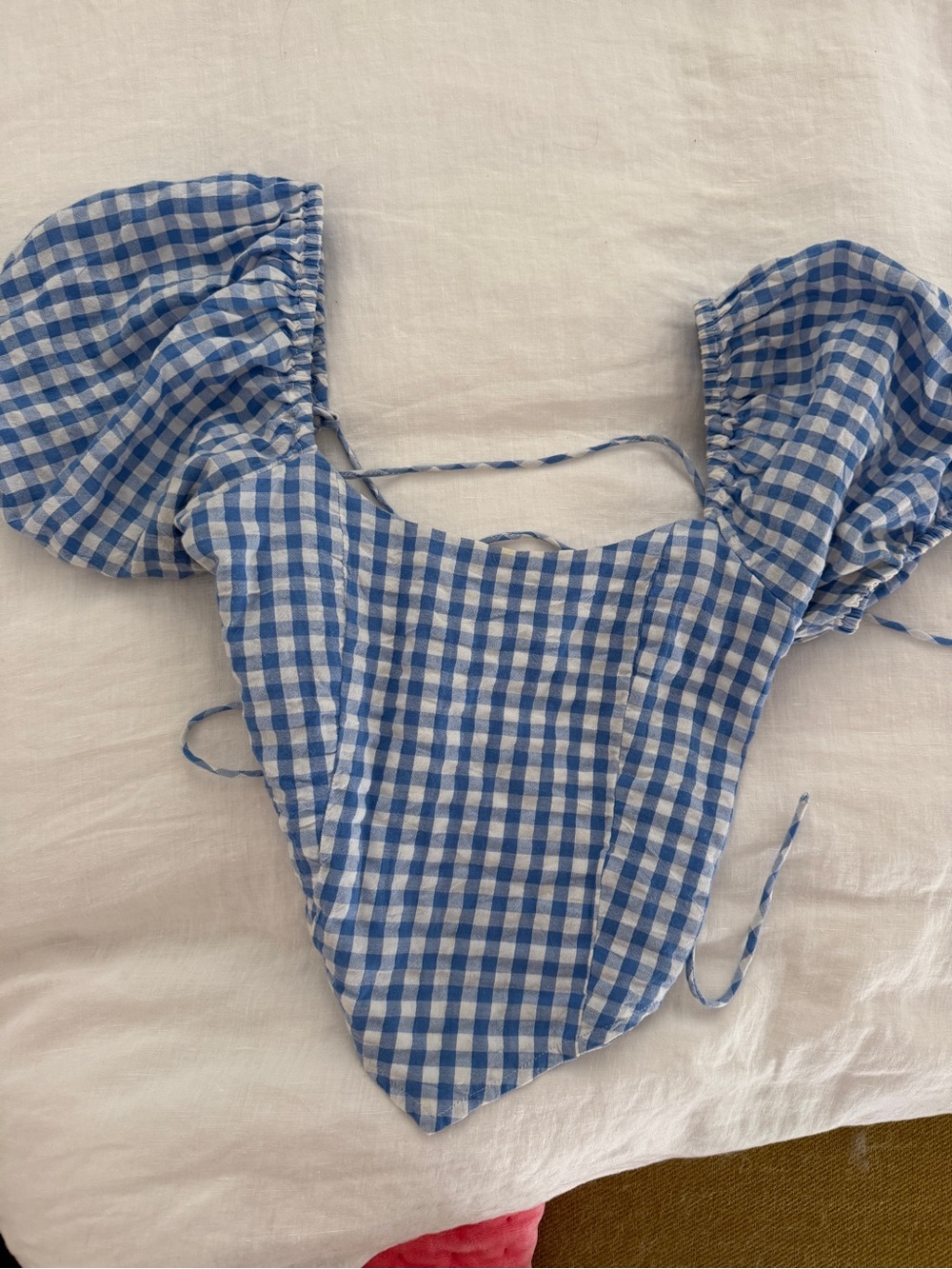 Blue Gingham Open Back Puff Sleeve Crop Top with open back